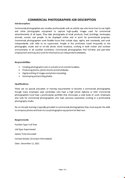 Commercial Photographer Job Description