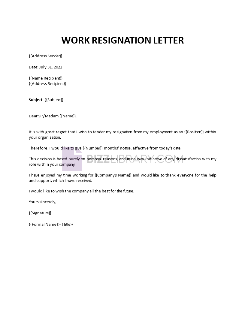 work resignation letter