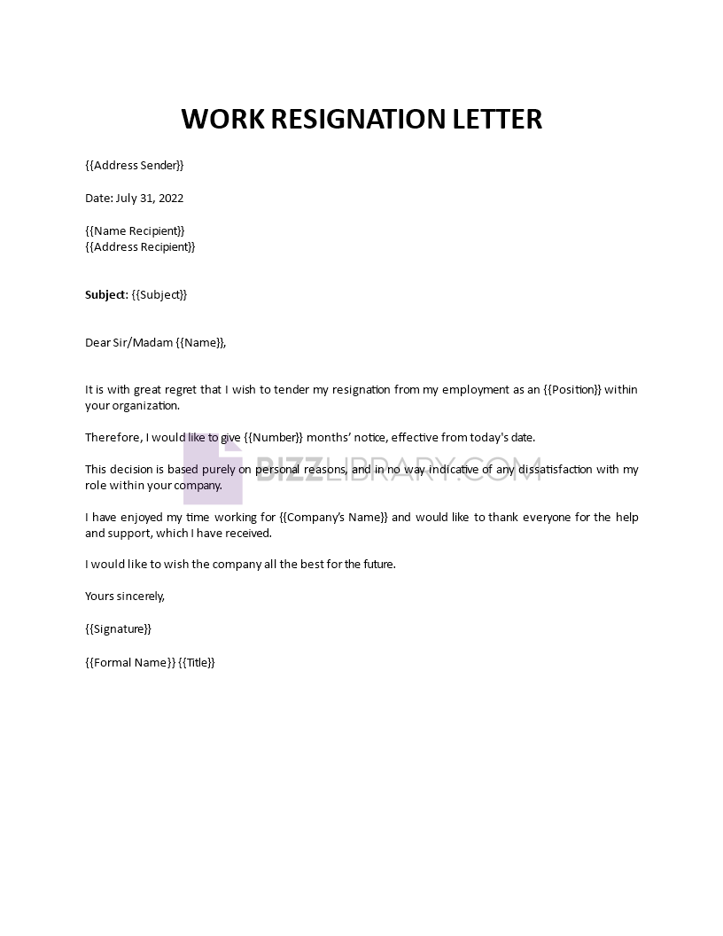 work resignation letter Main Image work resignation letter template