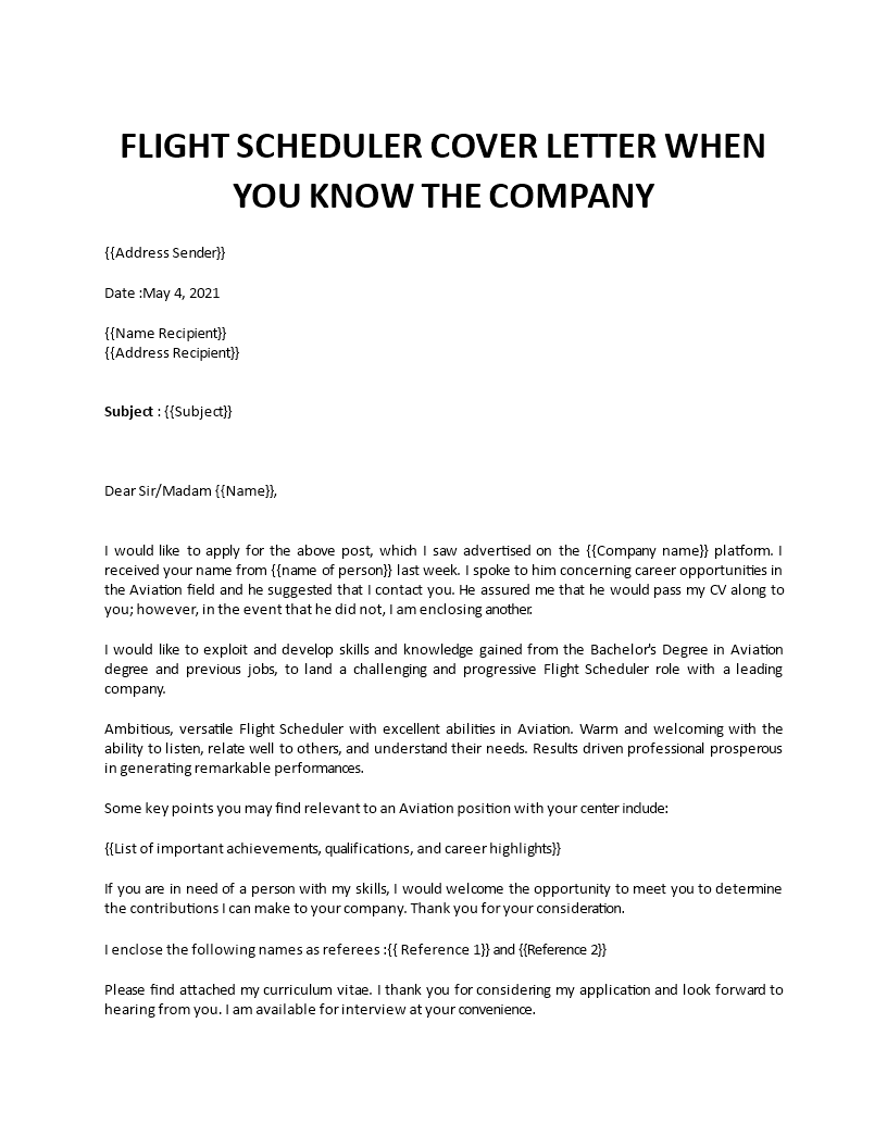 flight scheduler cover letter