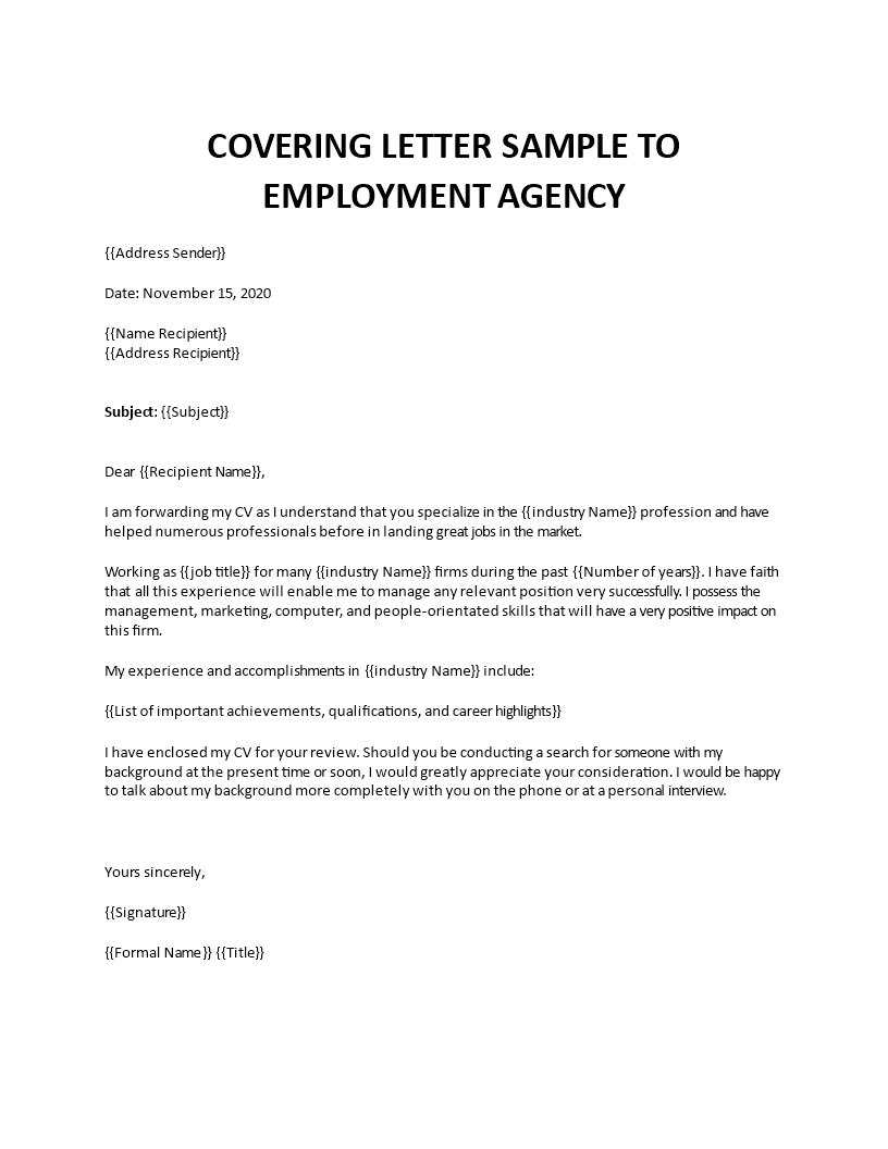 cover letter to recruitment agency example