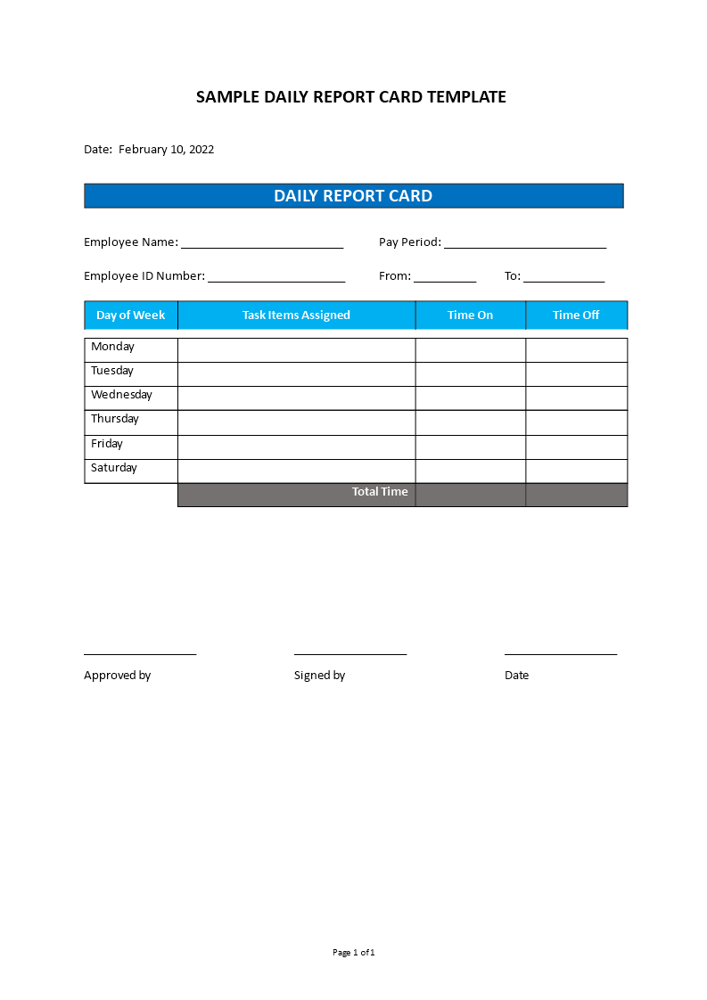 sample daily report card template
