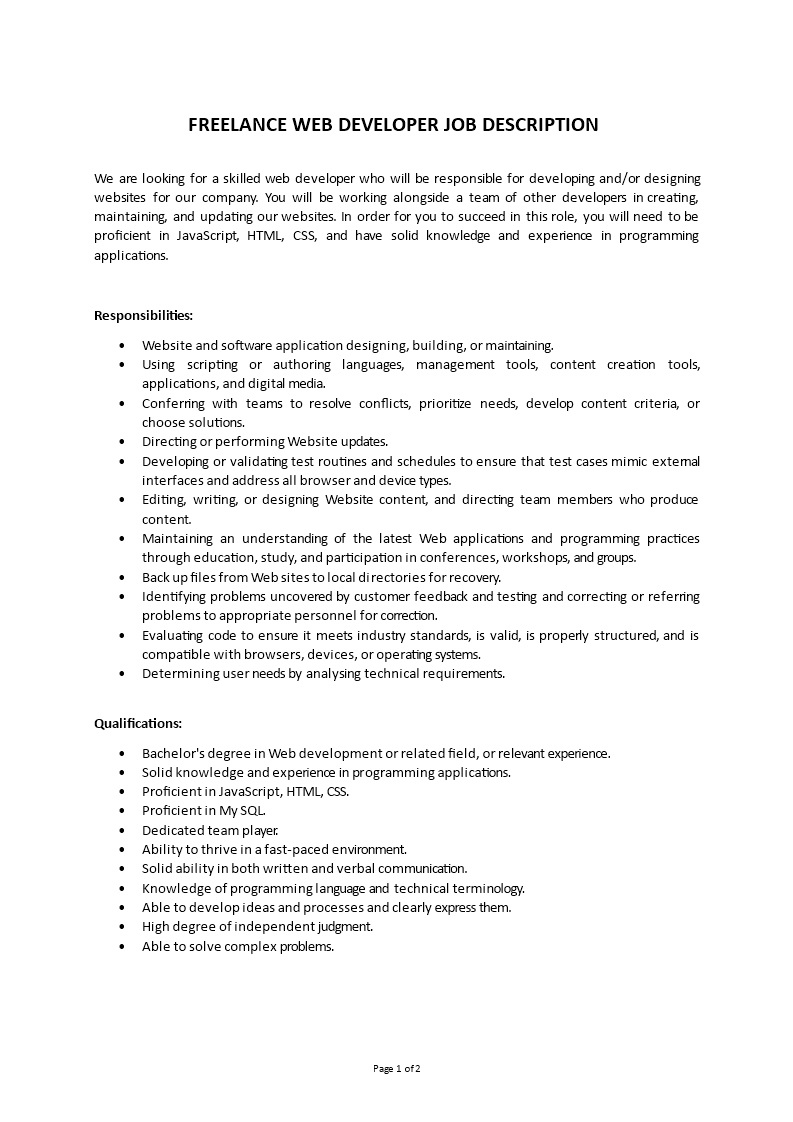 freelance web developer job description