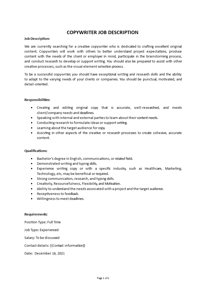 copywriter job description Main Image copywriter job description