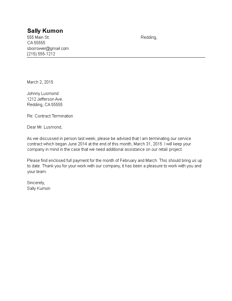 Contract Termination Letter PDF - Official Template for March | Sally ...