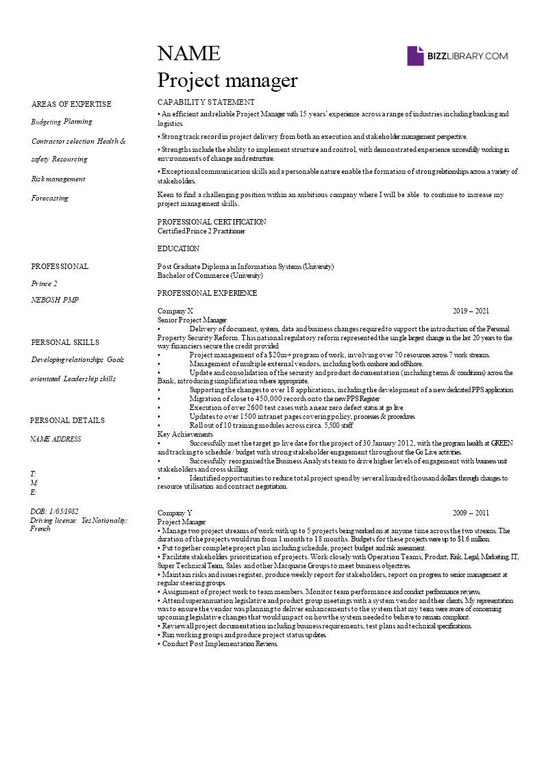 project manager curriculum vitae sample