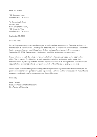 Immediate Job Resignation Letter