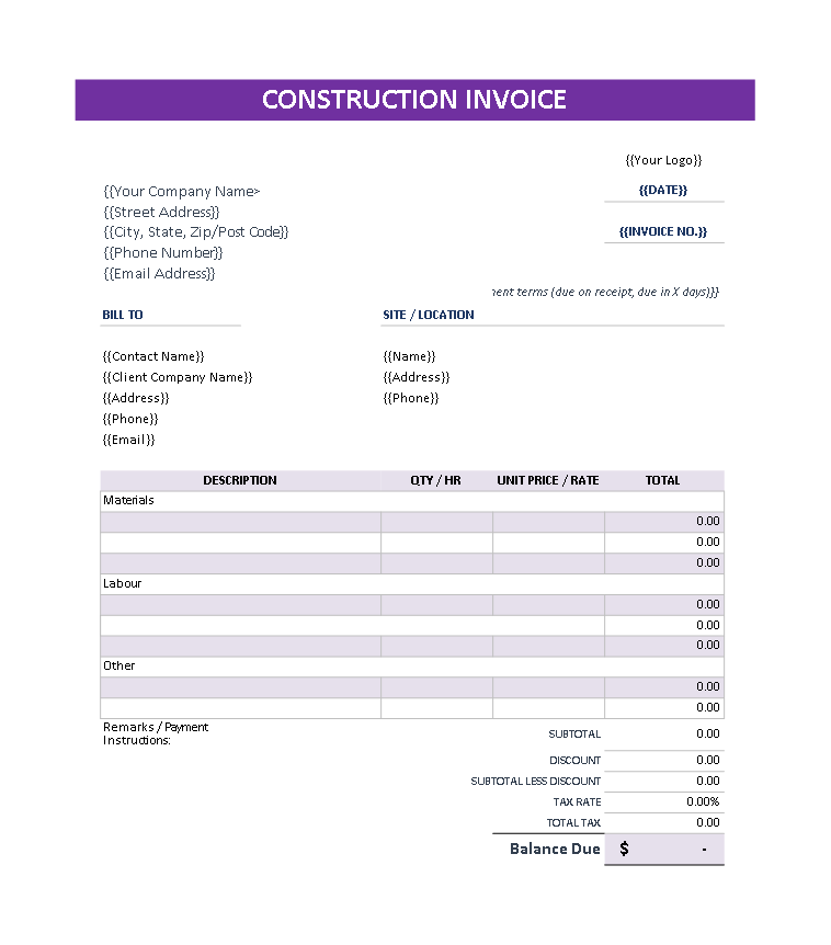 construction invoice excel template