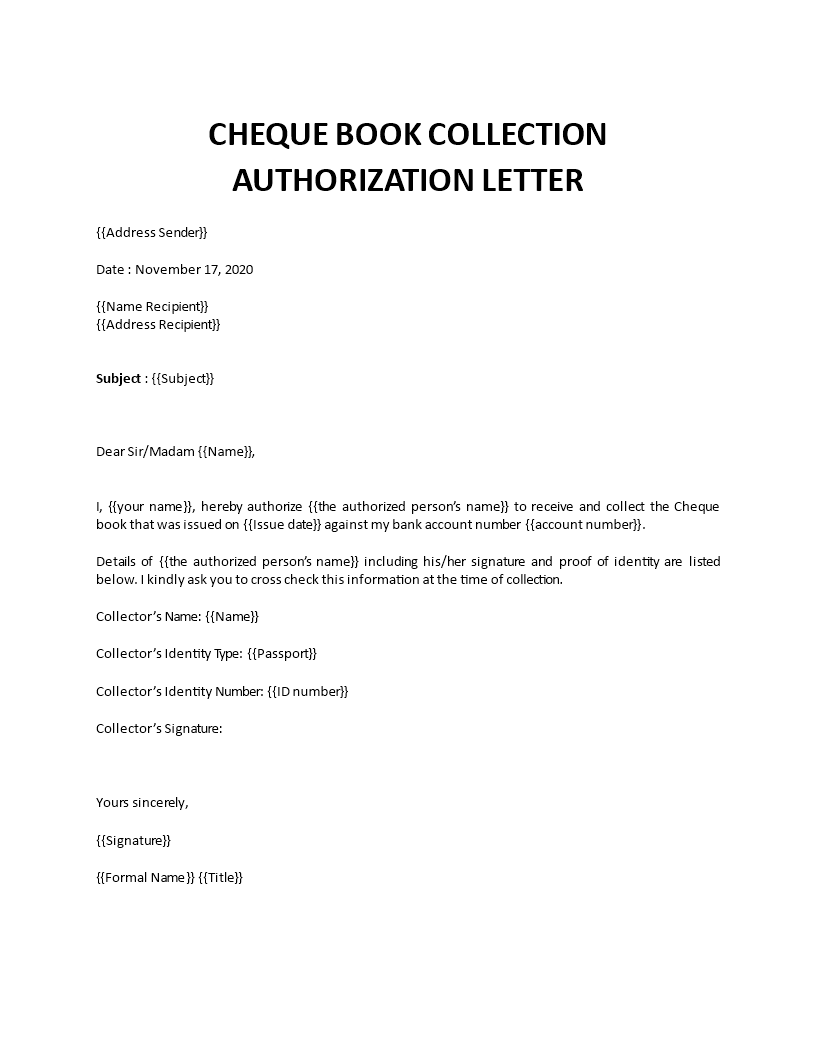 bank authorization letter for cheque book