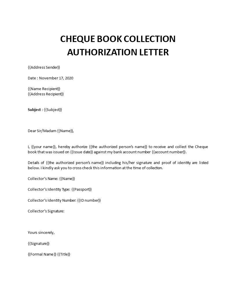 Bank Authorization Letter for Cheque Book