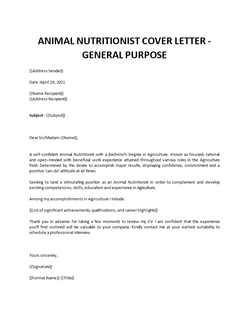 animal nutritionist cover letter template