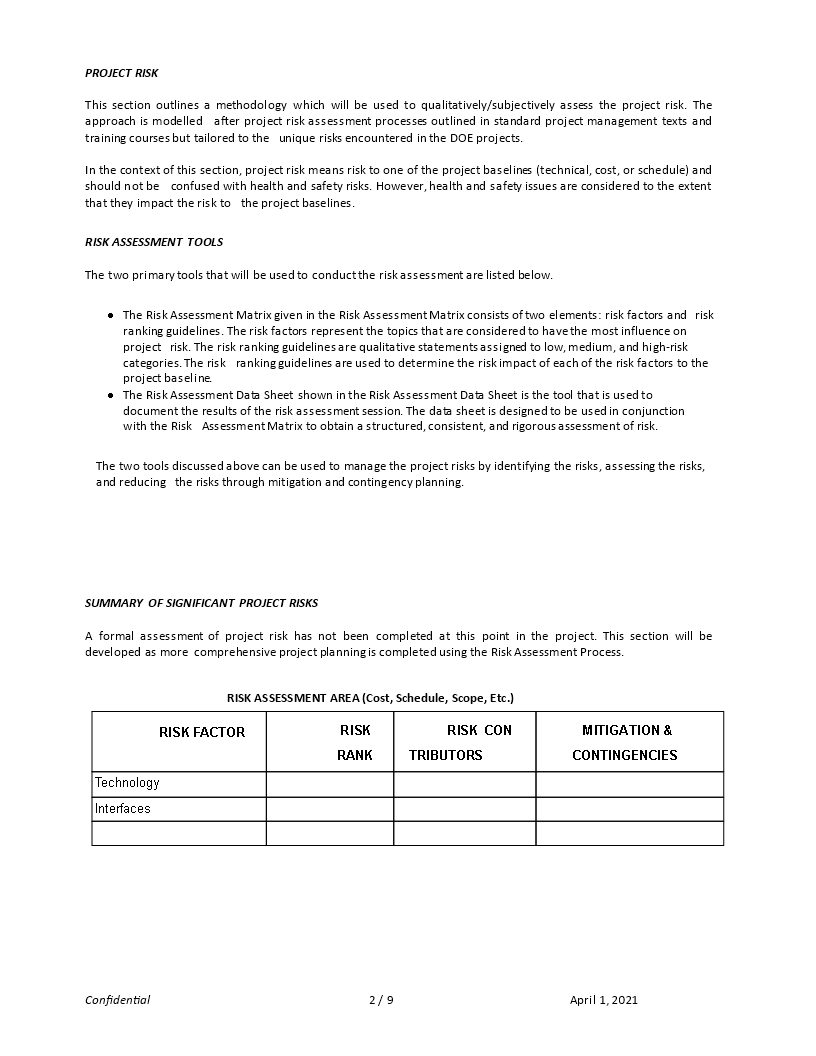 project risks management template