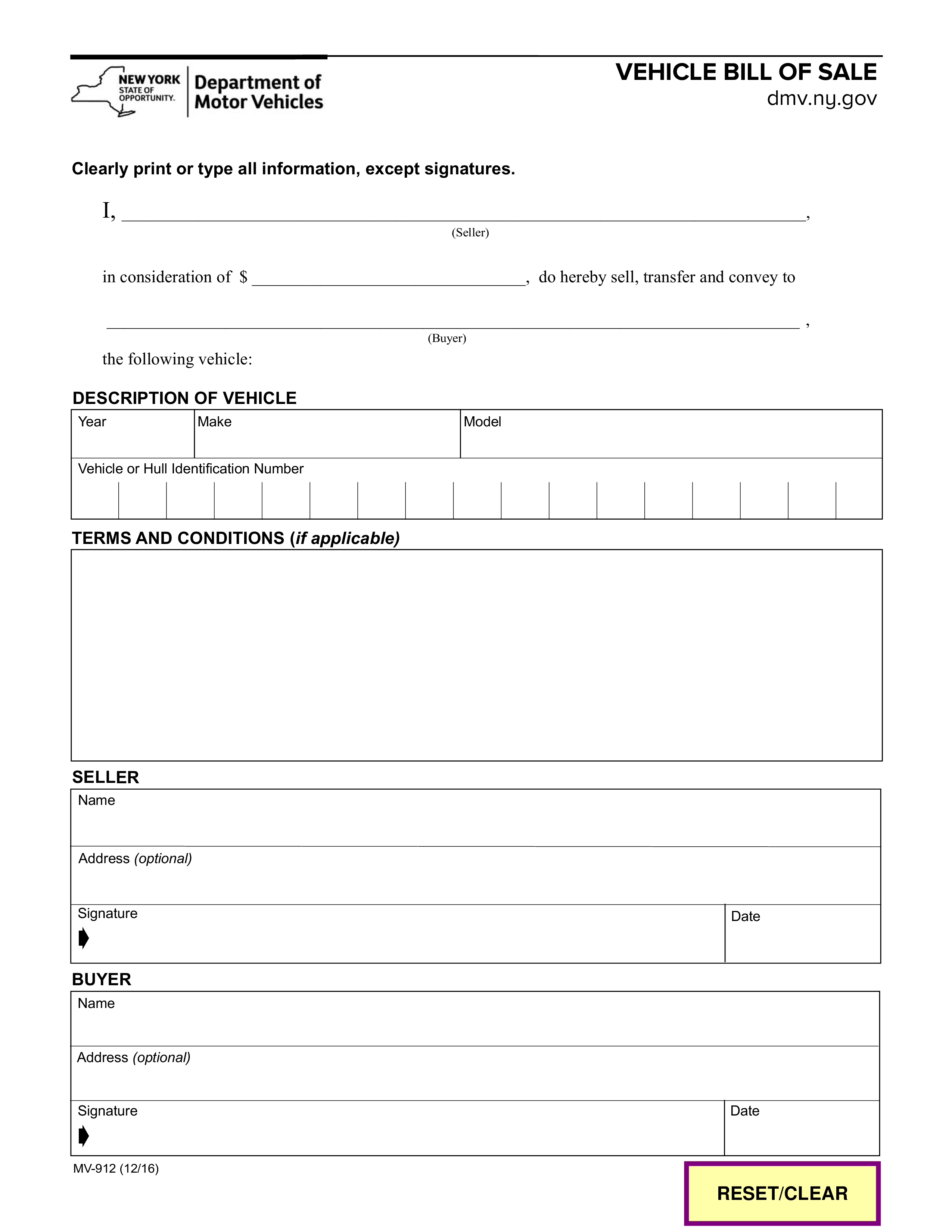 Printable Vehicle Bill Of Sale Template