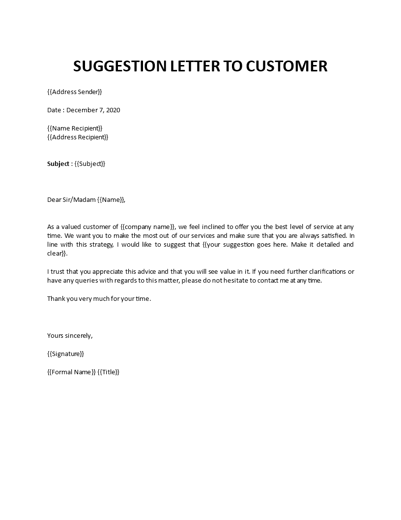 letter of suggestion to customer Main Image letter of suggestion to customer template