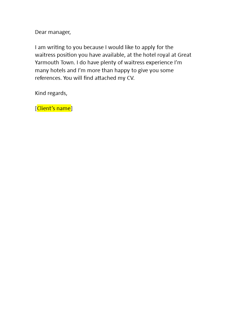 application letter for position of waitress