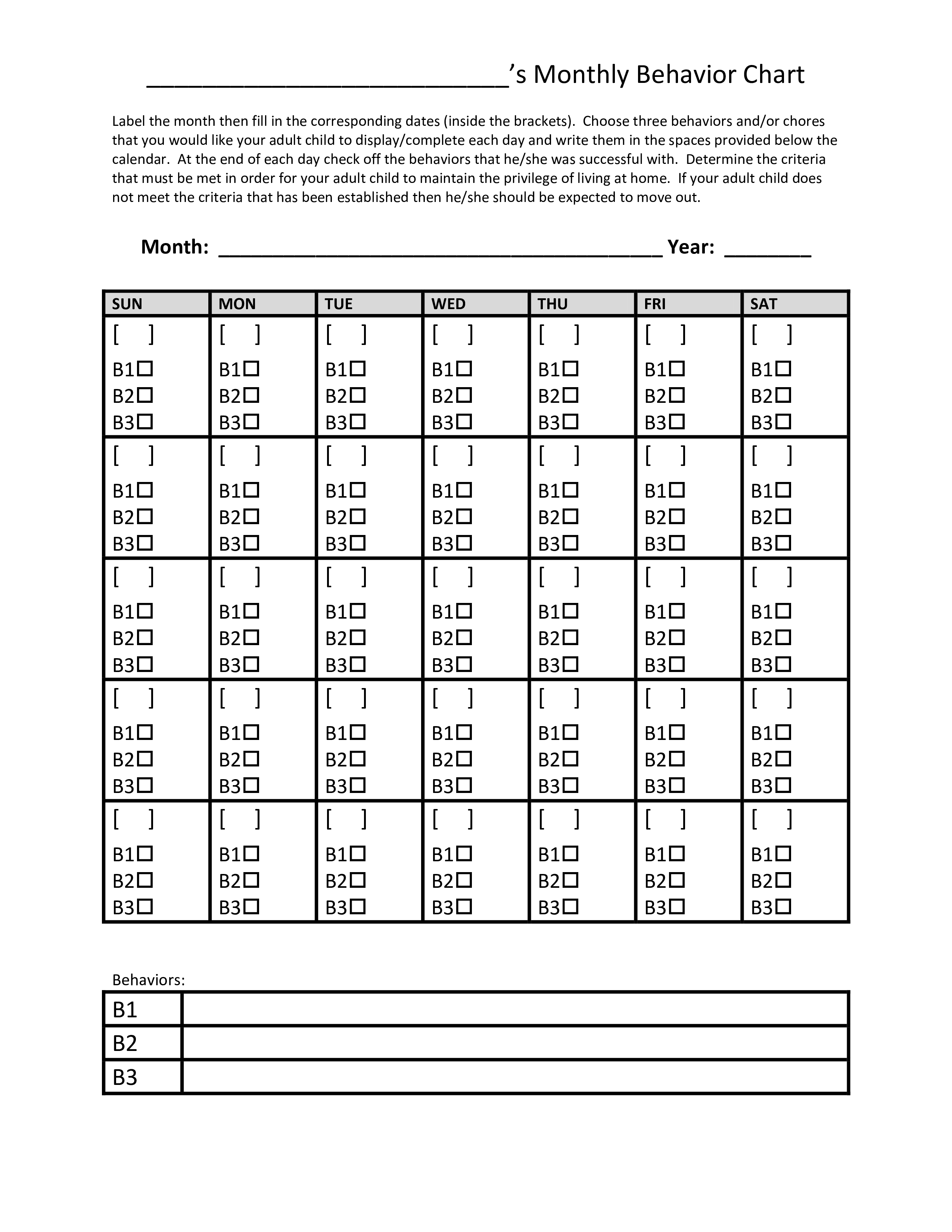 Free printable monthly behavior chart