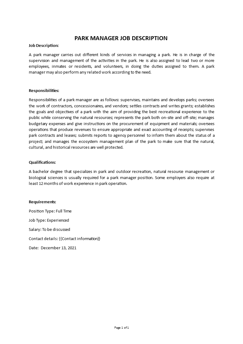 park manager job description Main Image park manager job description