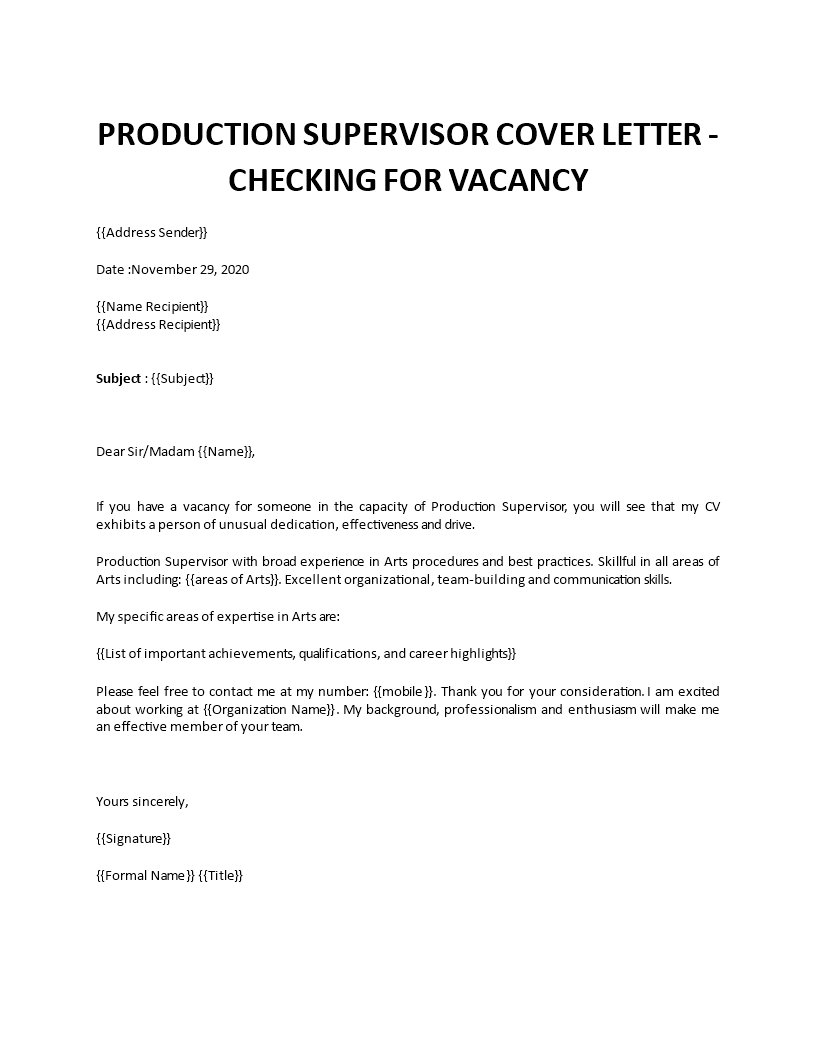 supervisor cover letter production