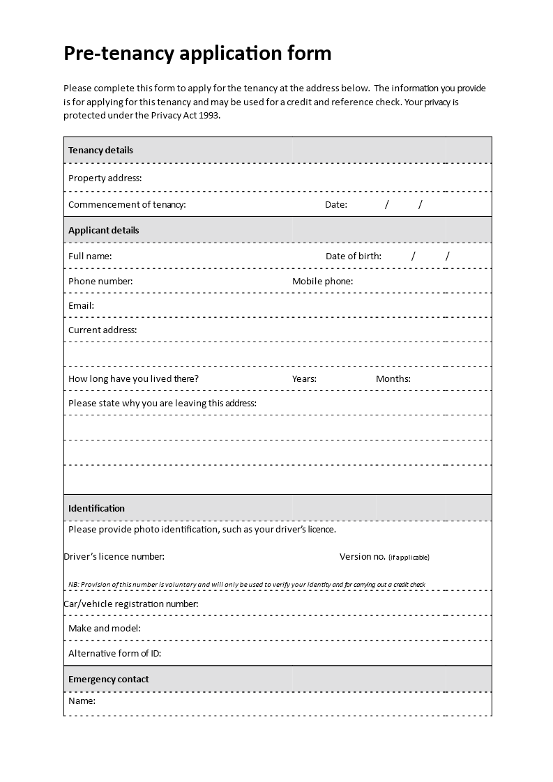 Pre Tenancy Application Form Credit Please Fill in the Information Pre Tenancy Application Form Credit Please Fill in the Information