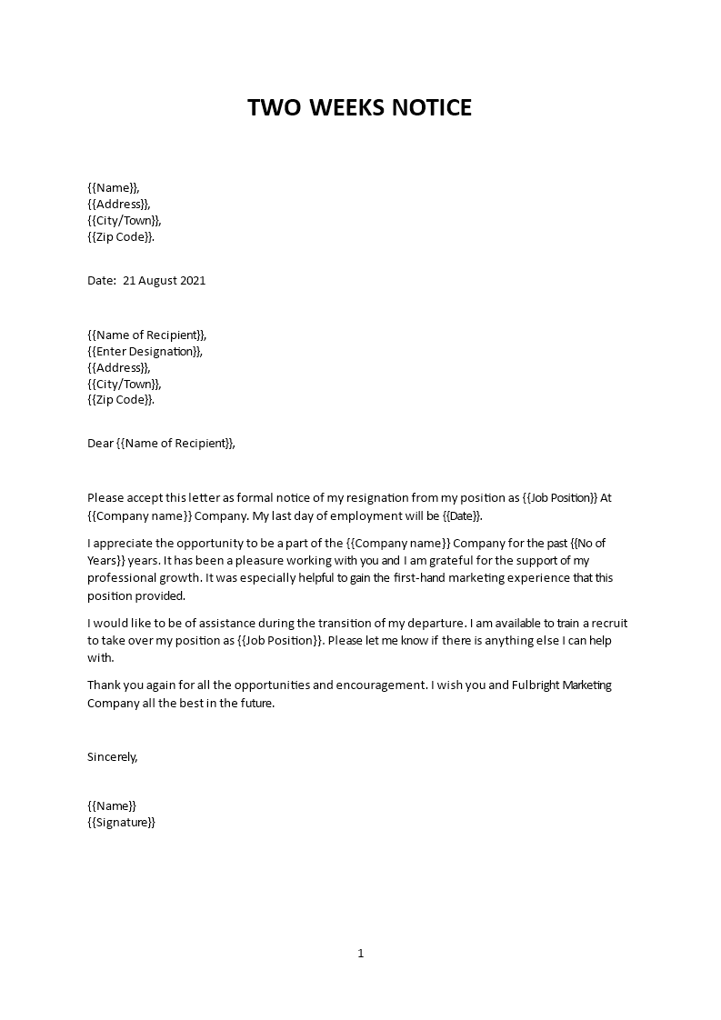 Resignation Letter In Two Week Notice Template Word