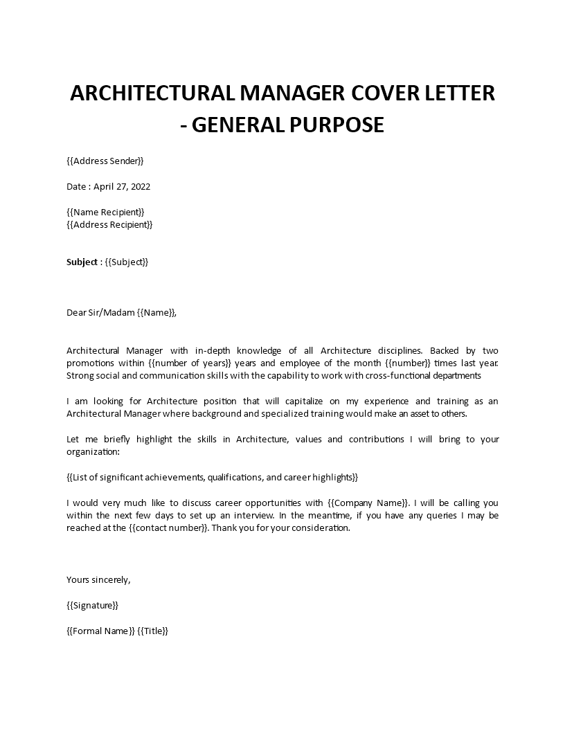 architectural manager job application letter