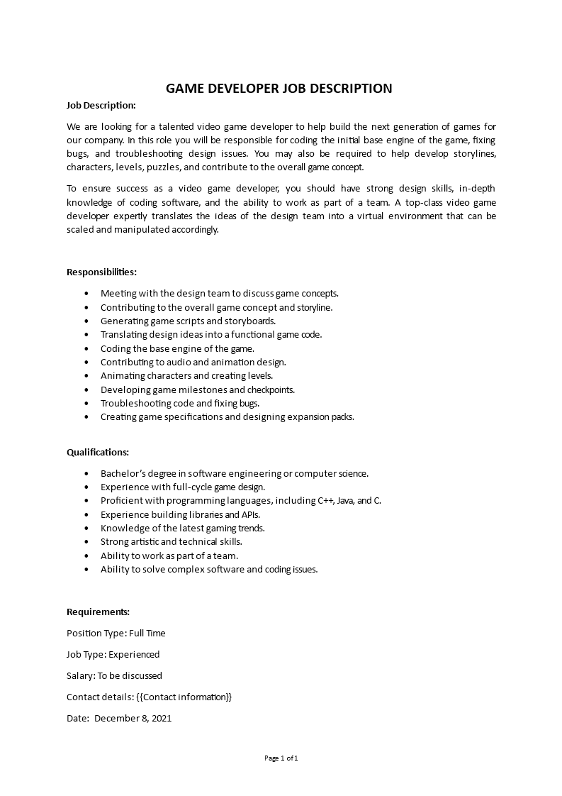 game developer job description