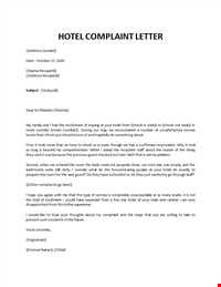 Hotel complaint letter
