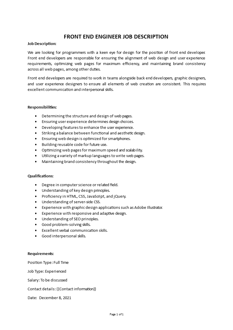 front end engineer job description