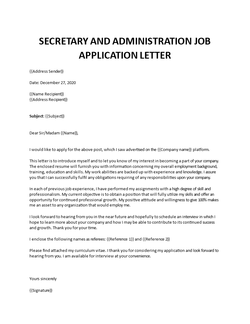 sample of a secretary application letter