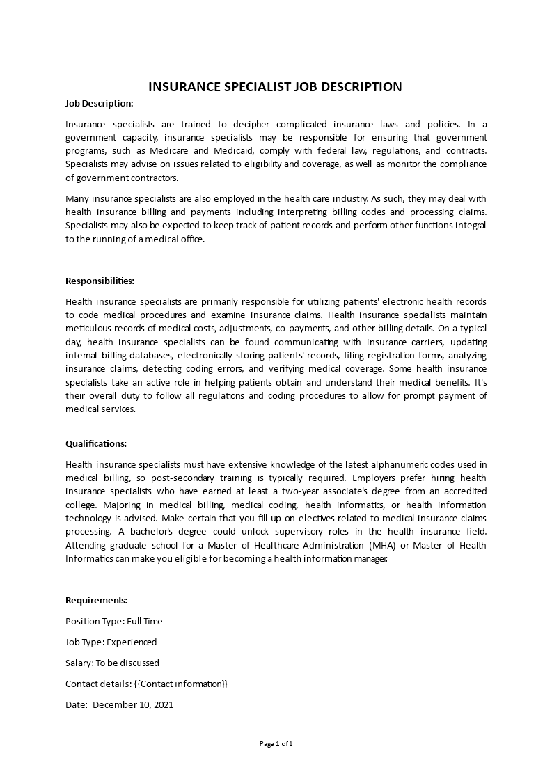 insurance specialist job description Main Image insurance specialist job description