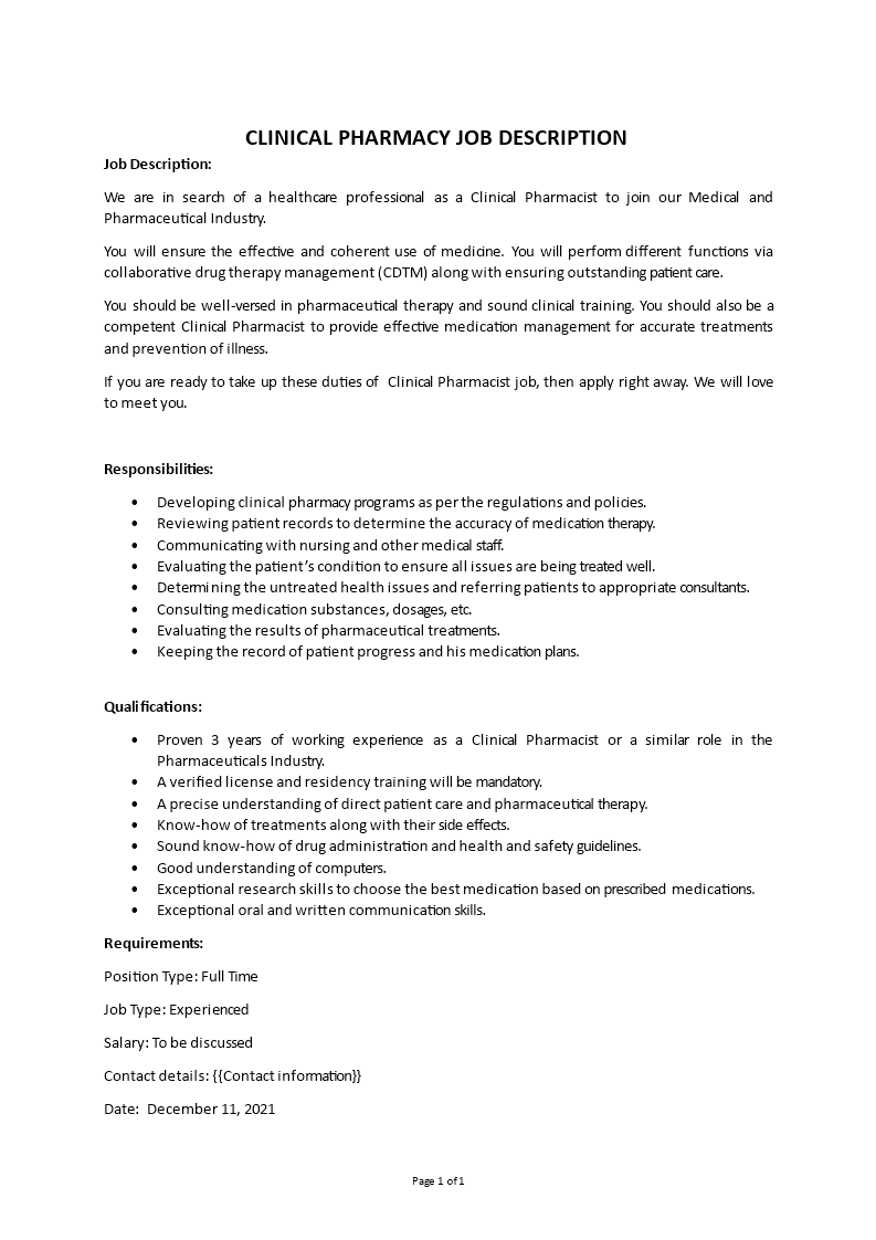 clinical pharmacy job description