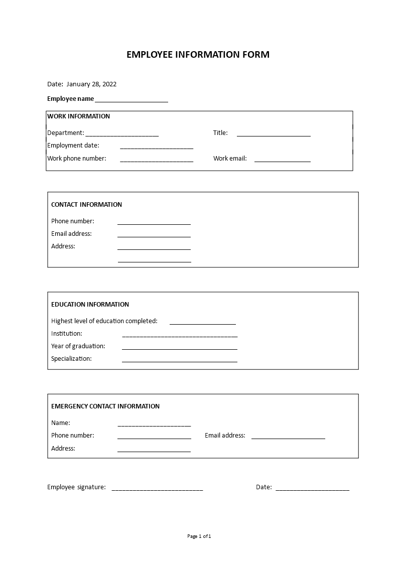 employee information form template