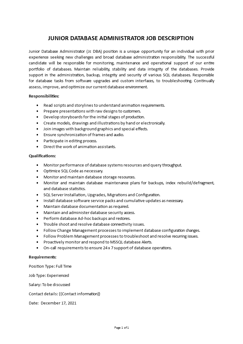 database admin fresher job description