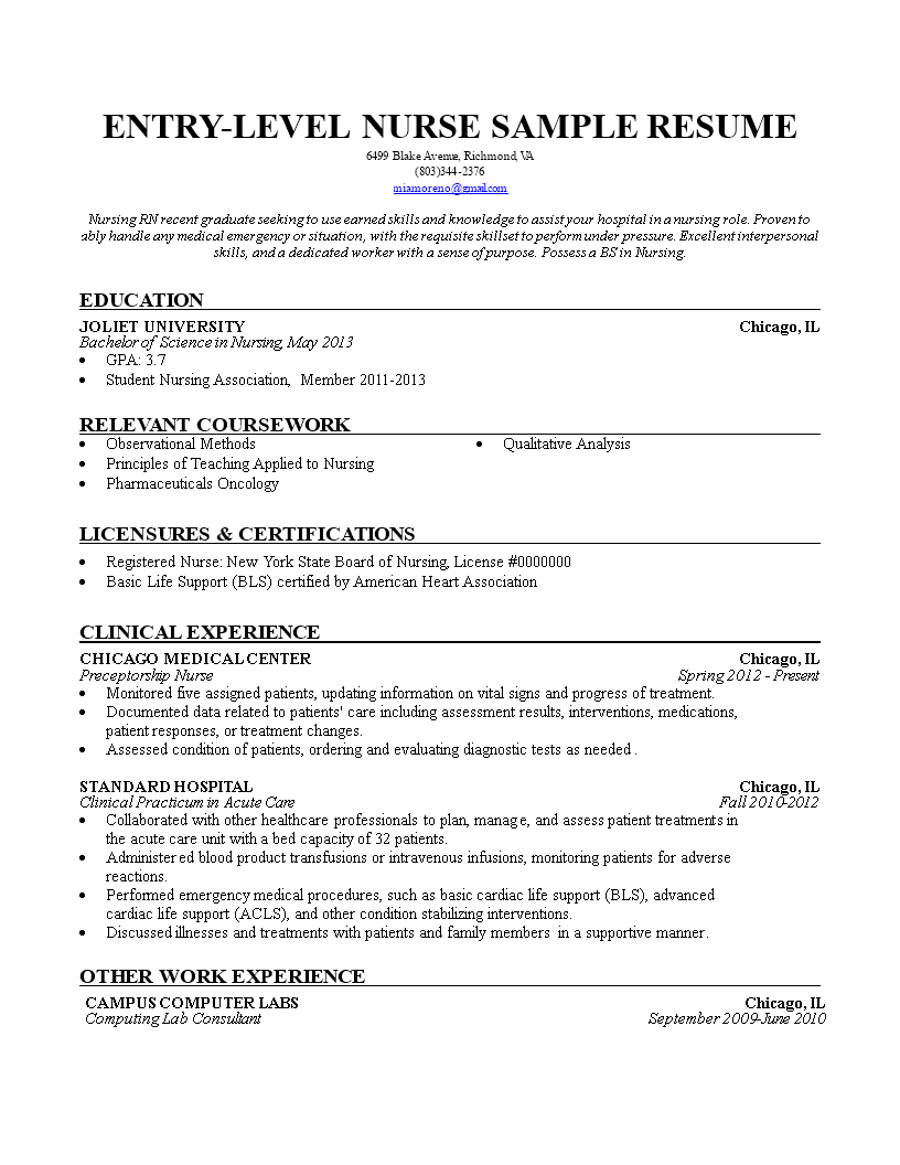 Entry Level Nurse Resume Template Entry Level Nurse Resume Template