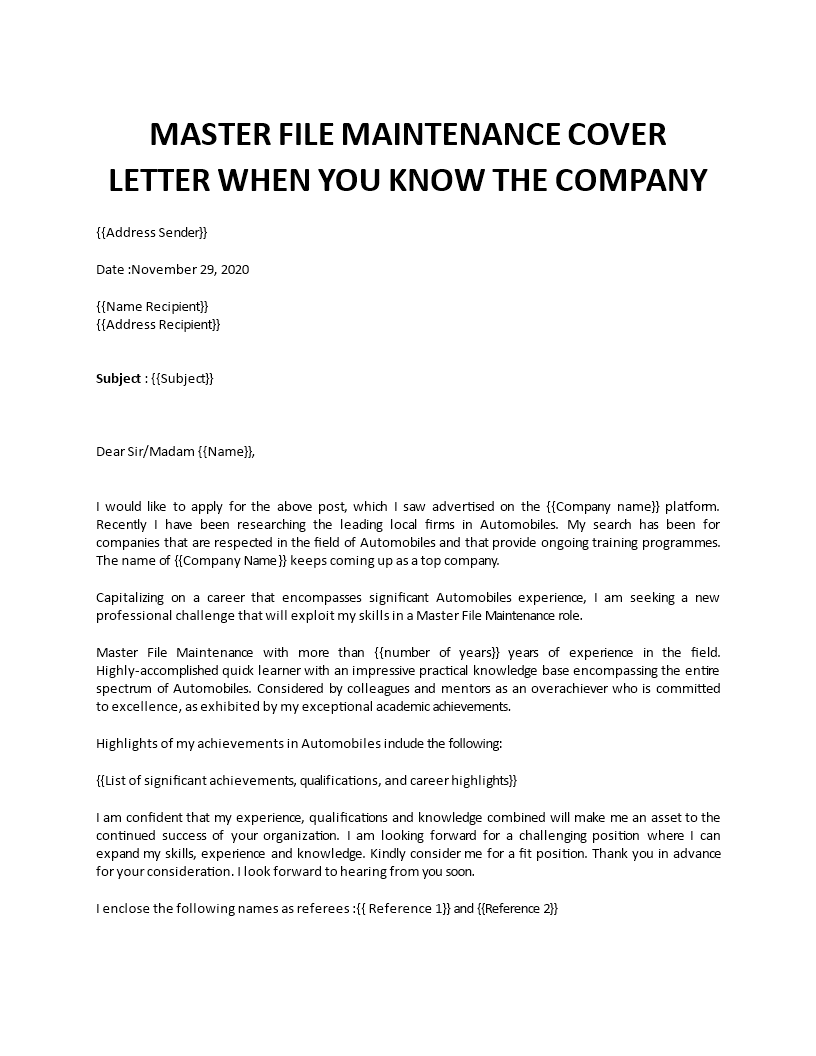 Master File Maintenance Cover Letter