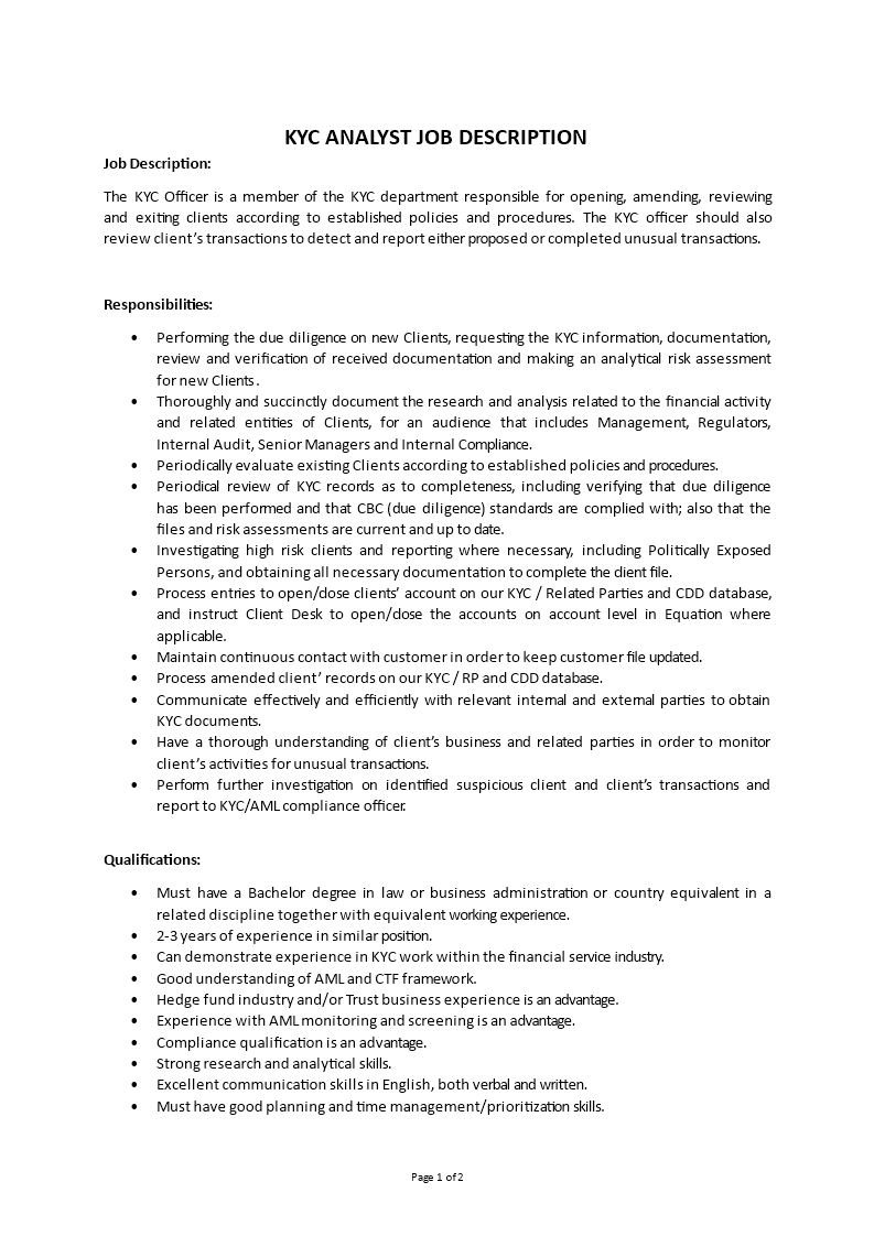 kyc analyst job description Main Image kyc analyst job description template