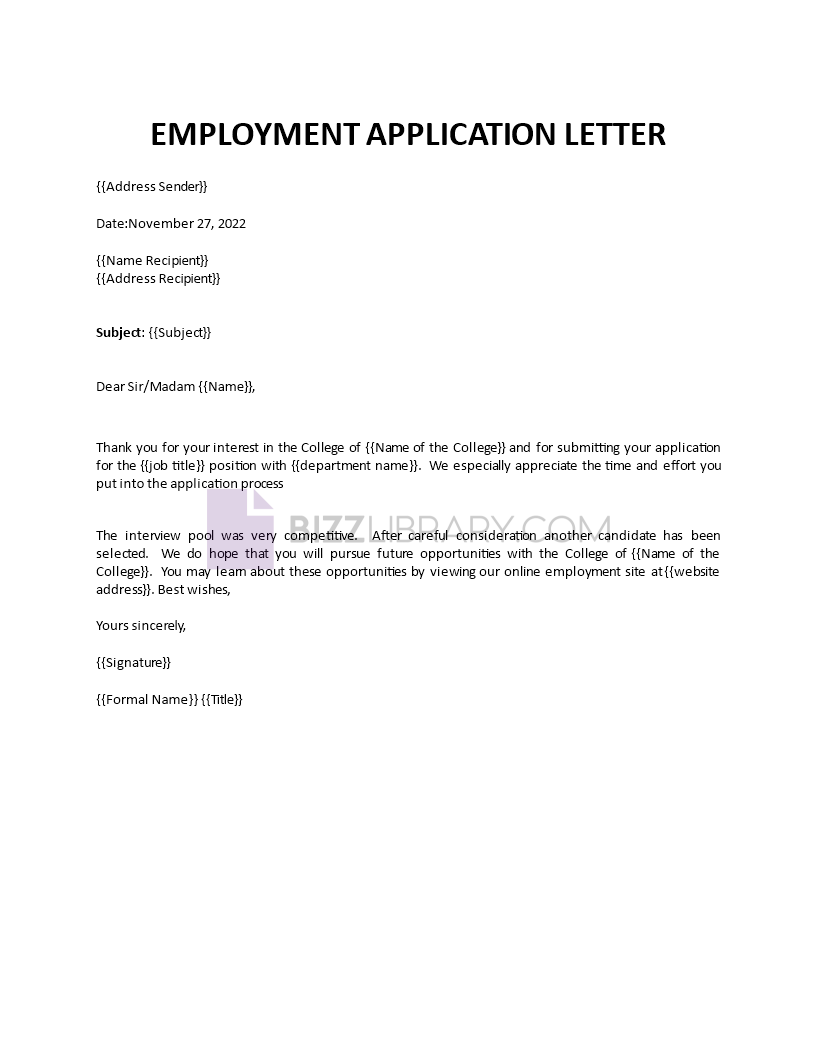 employment application letter template