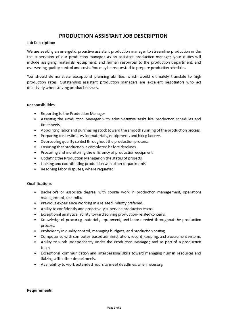 production assistant job description Main Image production assistant job description