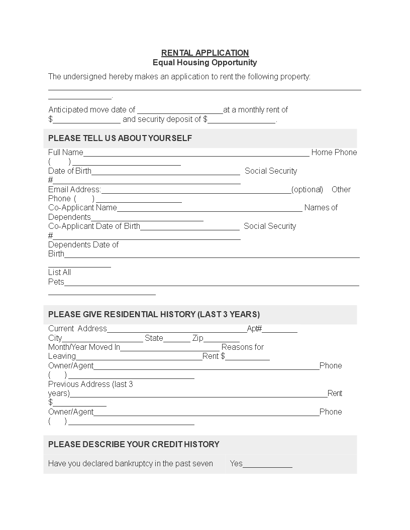 Rental Application Template Create Download or Print Now