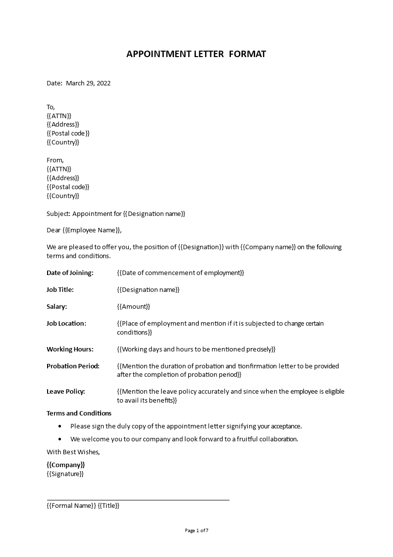 employment appointment letter sample