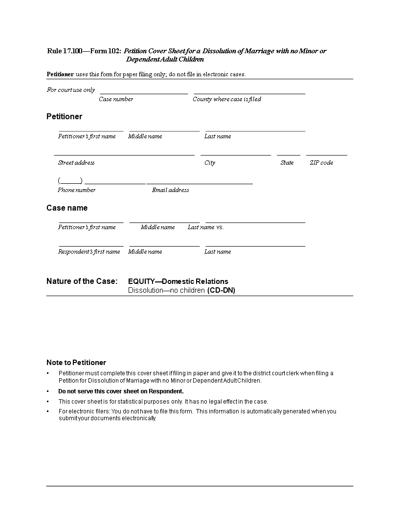 Divorce Papers Template - Cover, Petitioner Forms, Instructions
