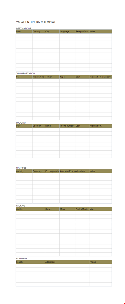 Vacation Itinerary Templates