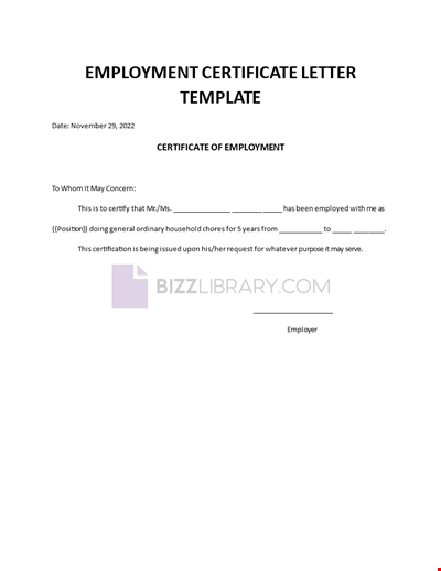 Employment Certificate Letter Template