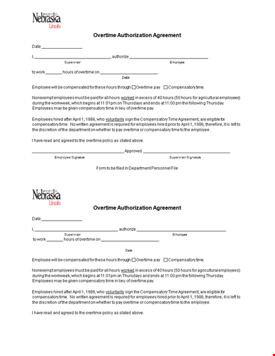 Overtime Authorization Agreement Form
