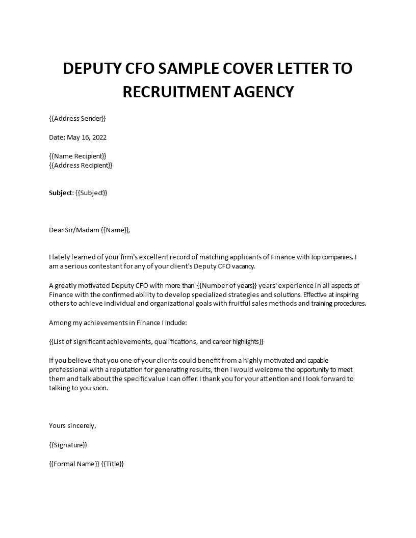 deputy cfo cover letter template