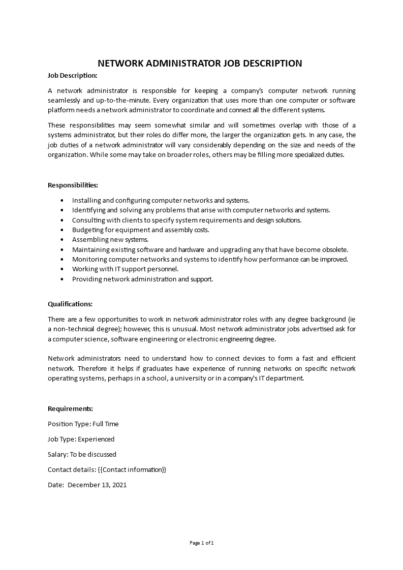network administrator job description