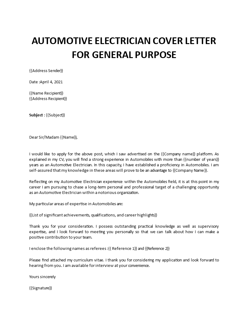 Auto electrician cover letter