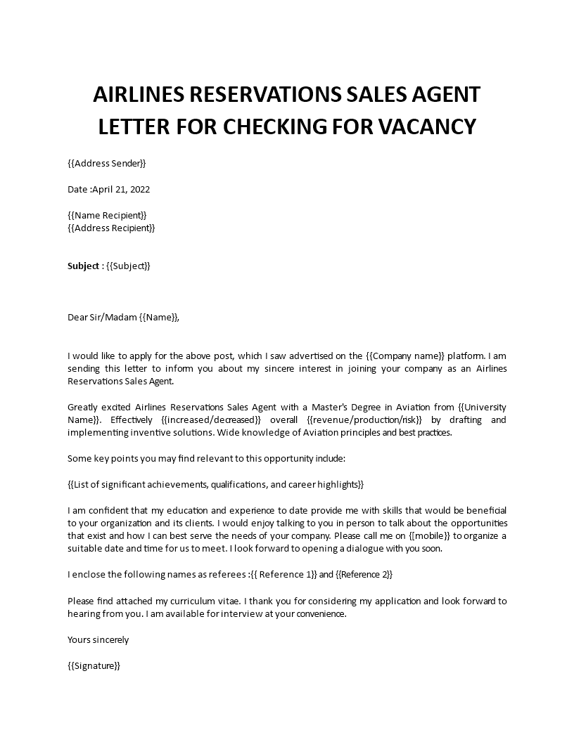 airlines reservations sales agent cover letter