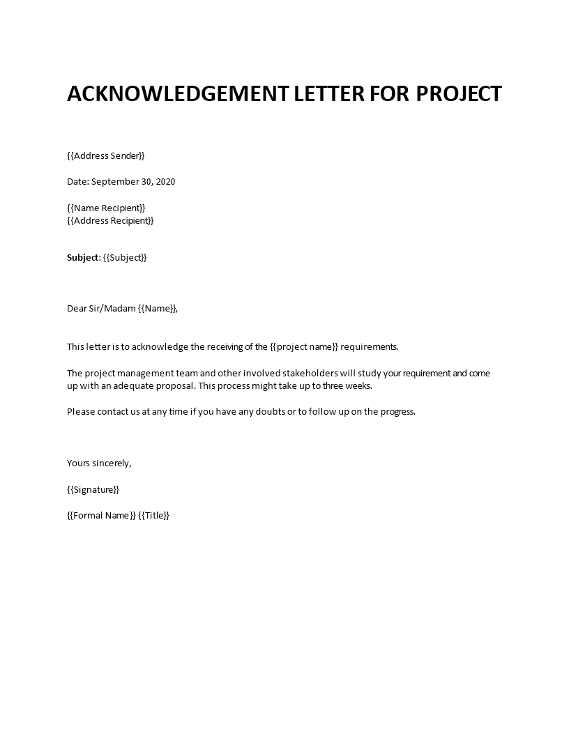 acknowledgement letter for project requirements