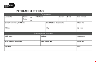 Pet Death Certificate Template - Download Now for Vital Death Information & License Purposes